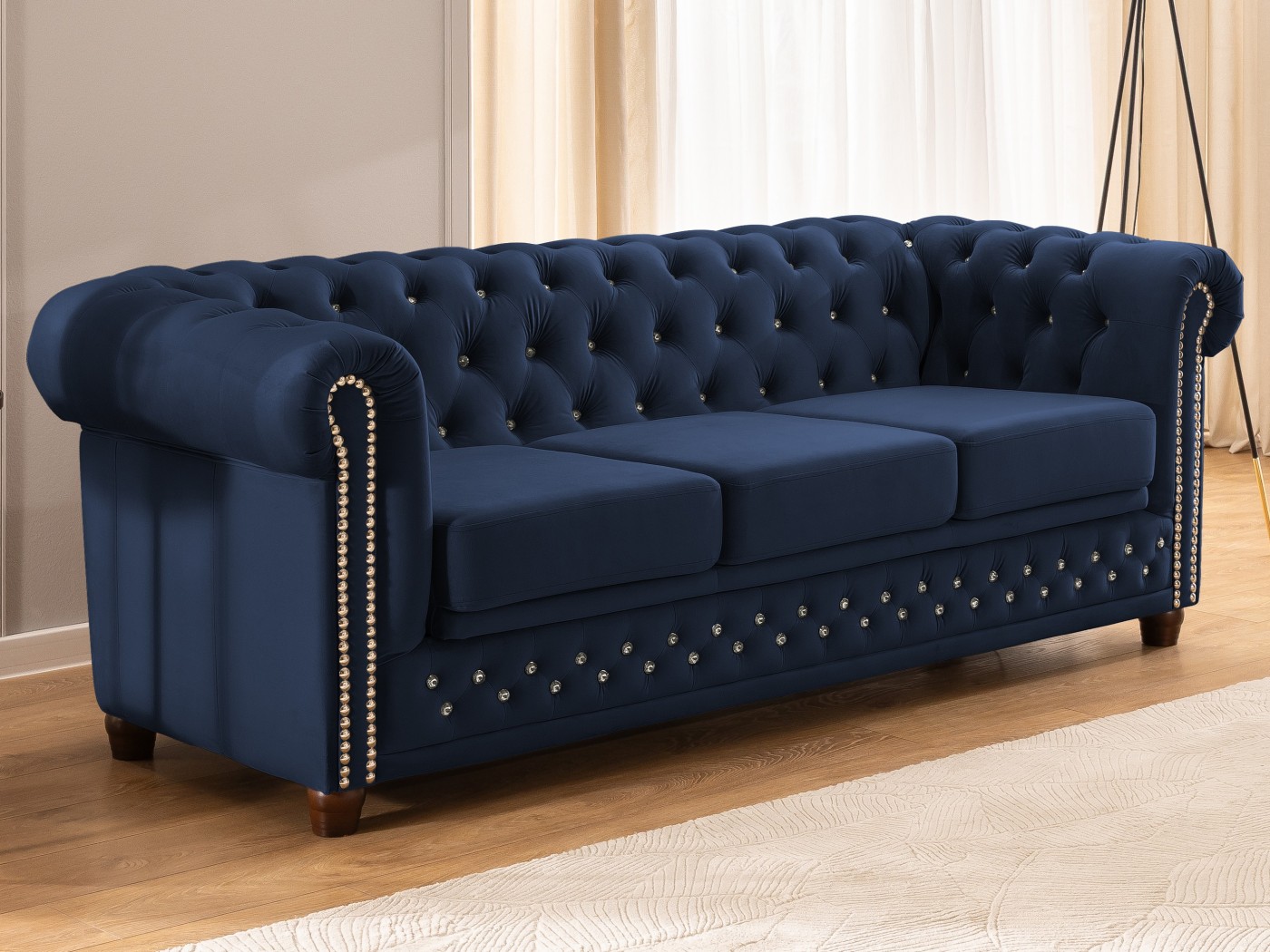 Cleo Blink - Chesterfield 3-Sitzer Sofa mit Schlaffunktion aus Samt mit Kristallsteppung und braunen Massivholzfüßen