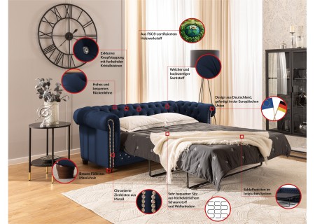 Cleo Blink - Chesterfield 3-Sitzer Sofa mit Schlaffunktion aus Samt mit Kristallsteppung und braunen Massivholzfüßen