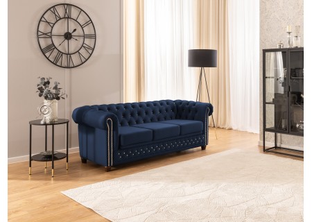 Cleo Blink - Chesterfield 3-Sitzer Sofa mit Schlaffunktion aus Samt mit Kristallsteppung und braunen Massivholzfüßen