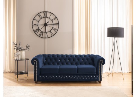 Cleo Blink - Chesterfield 3-Sitzer Sofa mit Schlaffunktion aus Samt mit Kristallsteppung und braunen Massivholzfüßen