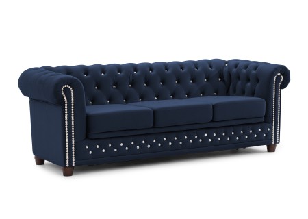 Cleo Blink - Chesterfield 3-Sitzer Sofa mit Schlaffunktion aus Samt mit Kristallsteppung und braunen Massivholzfüßen