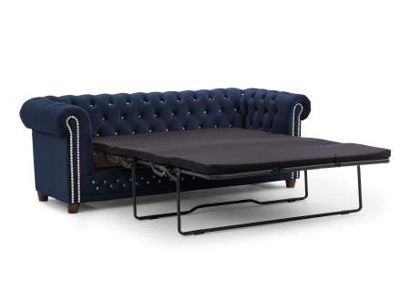 Cleo Blink - Chesterfield 3-Sitzer Sofa mit Schlaffunktion aus Samt mit Kristallsteppung und braunen Massivholzfüßen