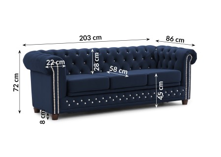 Cleo Blink - Chesterfield 3-Sitzer Sofa mit Schlaffunktion aus Samt mit Kristallsteppung und braunen Massivholzfüßen