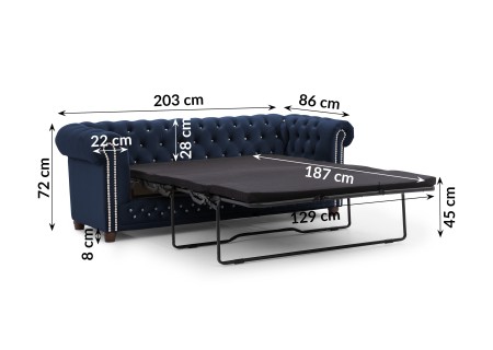 Cleo Blink - Chesterfield 3-Sitzer Sofa mit Schlaffunktion aus Samt mit Kristallsteppung und braunen Massivholzfüßen