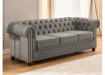Cleo Blink - Chesterfield 3-Sitzer Sofa mit Schlaffunktion aus Samt mit Kristallsteppung und braunen Massivholzfüßen