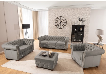 Cleo Blink - Chesterfield 3-Sitzer Sofa mit Schlaffunktion aus Samt mit Kristallsteppung und braunen Massivholzfüßen