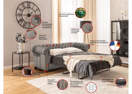 Cleo Blink - Chesterfield 3-Sitzer Sofa mit Schlaffunktion aus Samt mit Kristallsteppung und braunen Massivholzfüßen