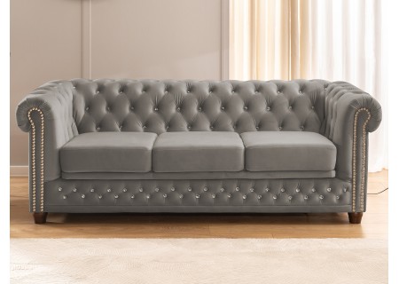 Cleo Blink - Chesterfield 3-Sitzer Sofa mit Schlaffunktion aus Samt mit Kristallsteppung und braunen Massivholzfüßen
