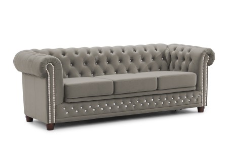 Cleo Blink - Chesterfield 3-Sitzer Sofa mit Schlaffunktion aus Samt mit Kristallsteppung und braunen Massivholzfüßen