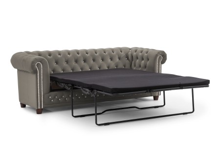 Cleo Blink - Chesterfield 3-Sitzer Sofa mit Schlaffunktion aus Samt mit Kristallsteppung und braunen Massivholzfüßen