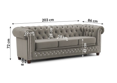 Cleo Blink - Chesterfield 3-Sitzer Sofa mit Schlaffunktion aus Samt mit Kristallsteppung und braunen Massivholzfüßen