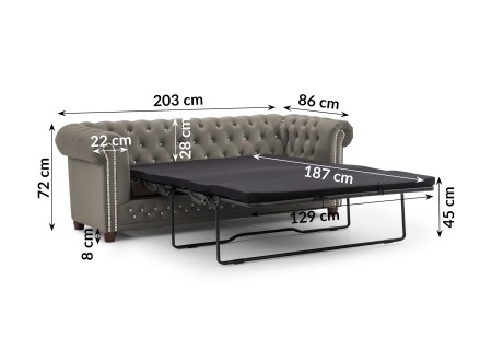 Cleo Blink - Chesterfield 3-Sitzer Sofa mit Schlaffunktion aus Samt mit Kristallsteppung und braunen Massivholzfüßen