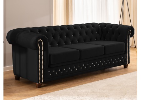 Cleo Blink - Chesterfield 3-Sitzer Sofa mit Schlaffunktion aus Samt mit Kristallsteppung und braunen Massivholzfüßen