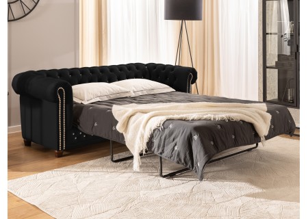 Cleo Blink - Chesterfield 3-Sitzer Sofa mit Schlaffunktion aus Samt mit Kristallsteppung und braunen Massivholzfüßen