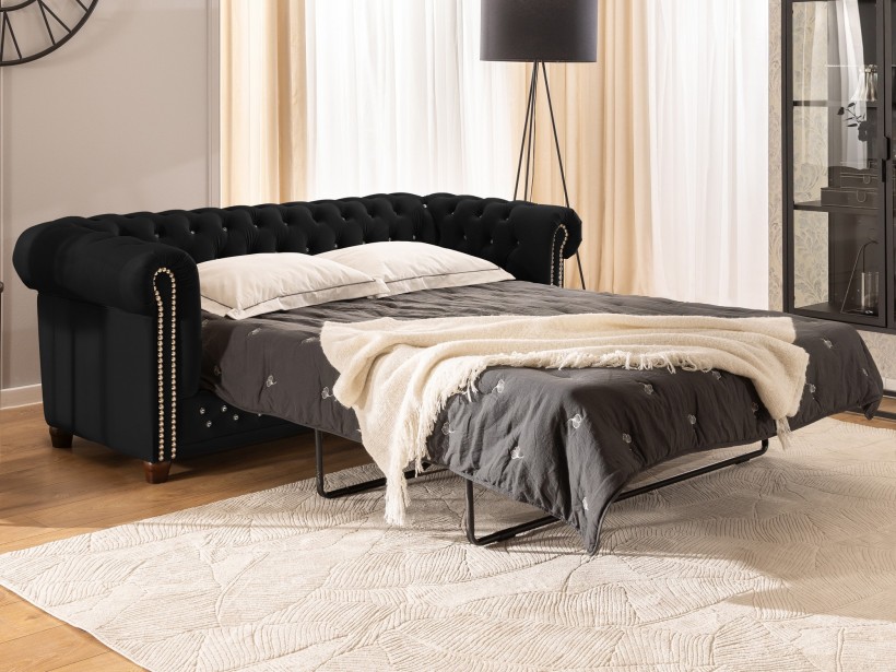 Cleo Blink - Chesterfield 3-Sitzer Sofa mit Schlaffunktion aus Samt mit Kristallsteppung und braunen Massivholzfüßen