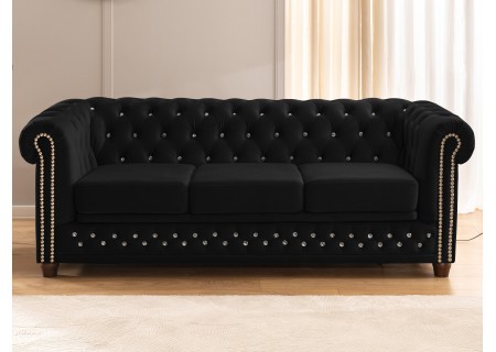 Cleo Blink - Chesterfield 3-Sitzer Sofa mit Schlaffunktion aus Samt mit Kristallsteppung und braunen Massivholzfüßen