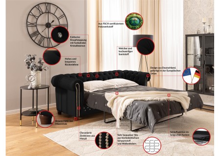 Cleo Blink - Chesterfield 3-Sitzer Sofa mit Schlaffunktion aus Samt mit Kristallsteppung und braunen Massivholzfüßen