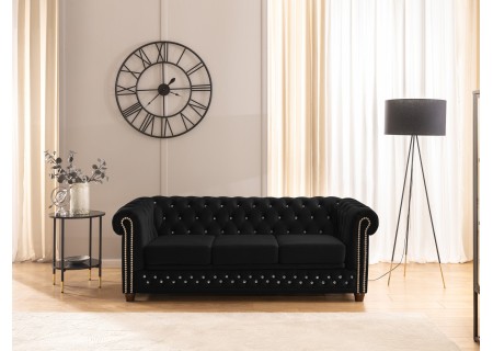 Cleo Blink - Chesterfield 3-Sitzer Sofa mit Schlaffunktion aus Samt mit Kristallsteppung und braunen Massivholzfüßen