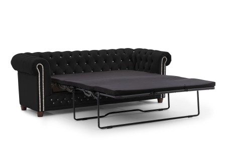 Cleo Blink - Chesterfield 3-Sitzer Sofa mit Schlaffunktion aus Samt mit Kristallsteppung und braunen Massivholzfüßen