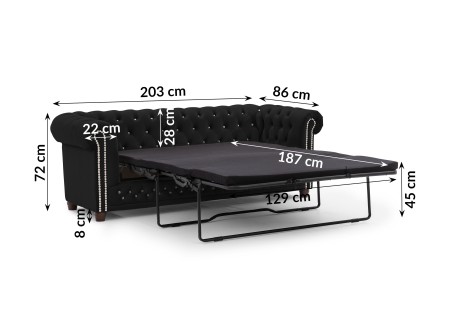 Cleo Blink - Chesterfield 3-Sitzer Sofa mit Schlaffunktion aus Samt mit Kristallsteppung und braunen Massivholzfüßen