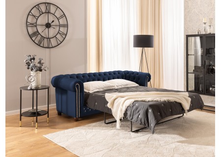 Cleo Blink - Chesterfield 3-Sitzer Sofa mit Schlaffunktion aus Samt mit Kristallsteppung und braunen Massivholzfüßen
