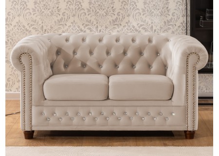 Cleo Blink - Chesterfield 2-Sitzer Sofa aus Samt mit Kristallsteppung und braunen Massivholzfüßen