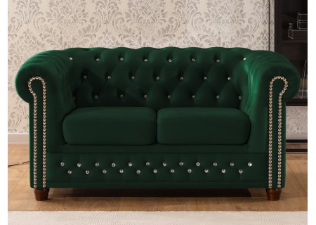Cleo Blink - Chesterfield 2-Sitzer Sofa aus Samt mit Kristallsteppung und braunen Massivholzfüßen