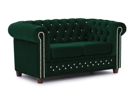 Cleo Blink - Chesterfield 2-Sitzer Sofa aus Samt mit Kristallsteppung und braunen Massivholzfüßen