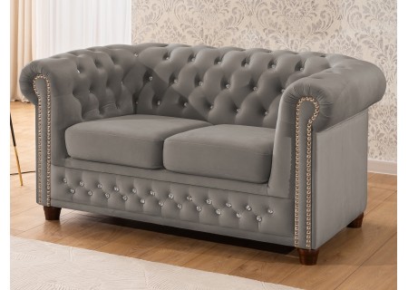 Cleo Blink - Chesterfield 2-Sitzer Sofa aus Samt mit Kristallsteppung und braunen Massivholzfüßen