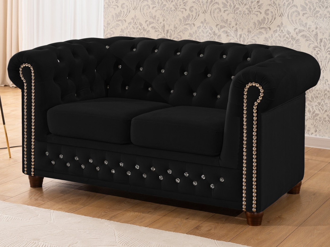 Cleo Blink - Chesterfield 2-Sitzer Sofa aus Samt mit Kristallsteppung und braunen Massivholzfüßen
