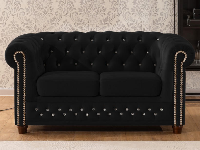 Cleo Blink - Chesterfield 2-Sitzer Sofa aus Samt mit Kristallsteppung und braunen Massivholzfüßen
