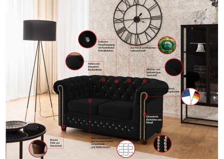 Cleo Blink - Chesterfield 2-Sitzer Sofa aus Samt mit Kristallsteppung und braunen Massivholzfüßen