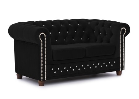 Cleo Blink - Chesterfield 2-Sitzer Sofa aus Samt mit Kristallsteppung und braunen Massivholzfüßen