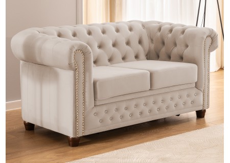 Cleo Blink - Chesterfield 2-Sitzer Sofa mit Schlaffunktion aus Samt mit Kristallsteppung und braunen Massivholzfüßen