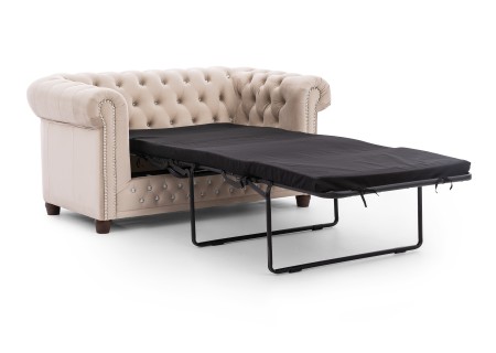 Cleo Blink - Chesterfield 2-Sitzer Sofa mit Schlaffunktion aus Samt mit Kristallsteppung und braunen Massivholzfüßen