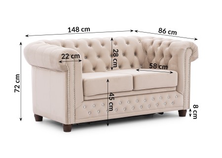 Cleo Blink - Chesterfield 2-Sitzer Sofa mit Schlaffunktion aus Samt mit Kristallsteppung und braunen Massivholzfüßen