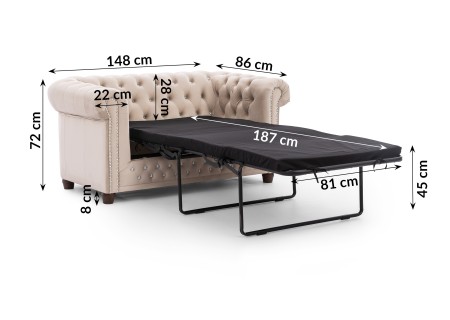 Cleo Blink - Chesterfield 2-Sitzer Sofa mit Schlaffunktion aus Samt mit Kristallsteppung und braunen Massivholzfüßen
