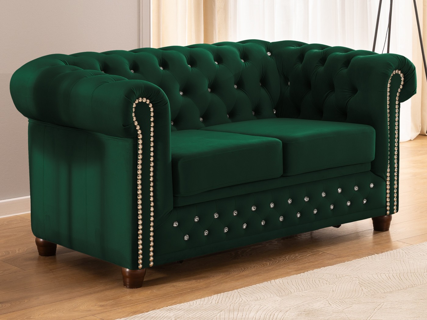 Cleo Blink - Chesterfield 2-Sitzer Sofa mit Schlaffunktion aus Samt mit Kristallsteppung und braunen Massivholzfüßen