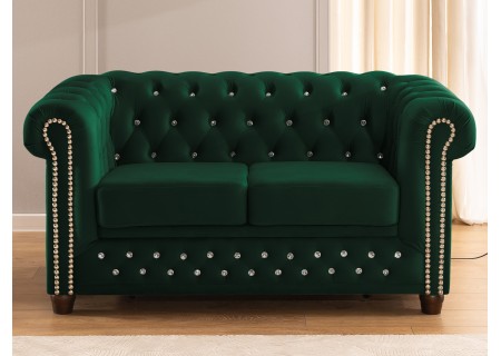 Cleo Blink - Chesterfield 2-Sitzer Sofa mit Schlaffunktion aus Samt mit Kristallsteppung und braunen Massivholzfüßen