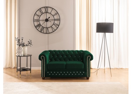 Cleo Blink - Chesterfield 2-Sitzer Sofa mit Schlaffunktion aus Samt mit Kristallsteppung und braunen Massivholzfüßen