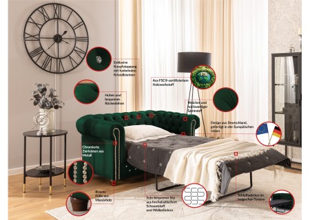 Cleo Blink - Chesterfield 2-Sitzer Sofa mit Schlaffunktion aus Samt mit Kristallsteppung und braunen Massivholzfüßen