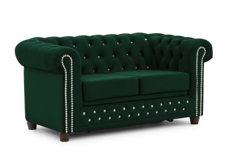 Cleo Blink - Chesterfield 2-Sitzer Sofa mit Schlaffunktion aus Samt mit Kristallsteppung und braunen Massivholzfüßen