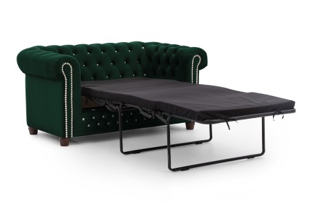 Cleo Blink - Chesterfield 2-Sitzer Sofa mit Schlaffunktion aus Samt mit Kristallsteppung und braunen Massivholzfüßen