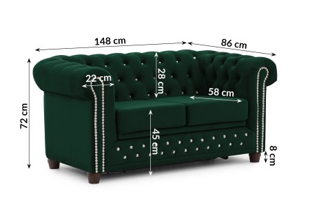 Cleo Blink - Chesterfield 2-Sitzer Sofa mit Schlaffunktion aus Samt mit Kristallsteppung und braunen Massivholzfüßen