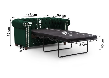 Cleo Blink - Chesterfield 2-Sitzer Sofa mit Schlaffunktion aus Samt mit Kristallsteppung und braunen Massivholzfüßen