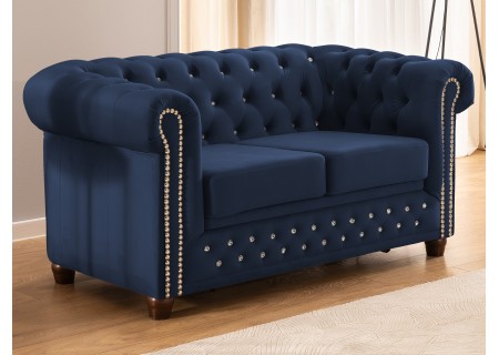 Cleo Blink - Chesterfield 2-Sitzer Sofa mit Schlaffunktion aus Samt mit Kristallsteppung und braunen Massivholzfüßen