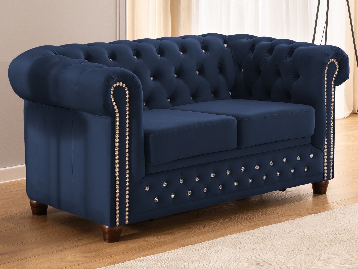 Cleo Blink - Chesterfield 2-Sitzer Sofa mit Schlaffunktion aus Samt mit Kristallsteppung und braunen Massivholzfüßen