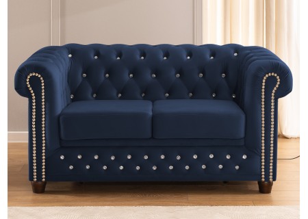 Cleo Blink - Chesterfield 2-Sitzer Sofa mit Schlaffunktion aus Samt mit Kristallsteppung und braunen Massivholzfüßen