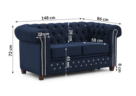Cleo Blink - Chesterfield 2-Sitzer Sofa mit Schlaffunktion aus Samt mit Kristallsteppung und braunen Massivholzfüßen