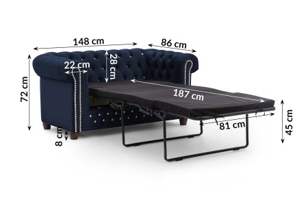 Cleo Blink - Chesterfield 2-Sitzer Sofa mit Schlaffunktion aus Samt mit Kristallsteppung und braunen Massivholzfüßen